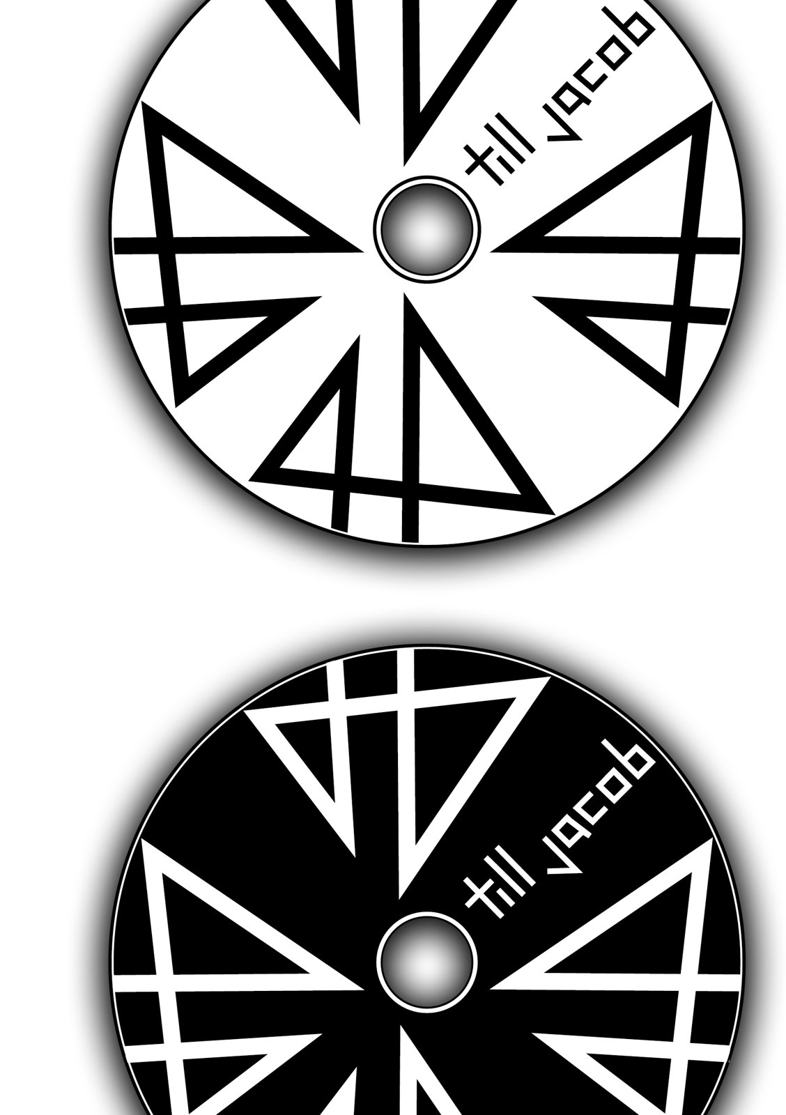 CD-Label in zwei Fassungen: das Monogramm strahlenförmig um das Mittelloch, einmal schwarz auf weiss, einmal weiss auf schwarz