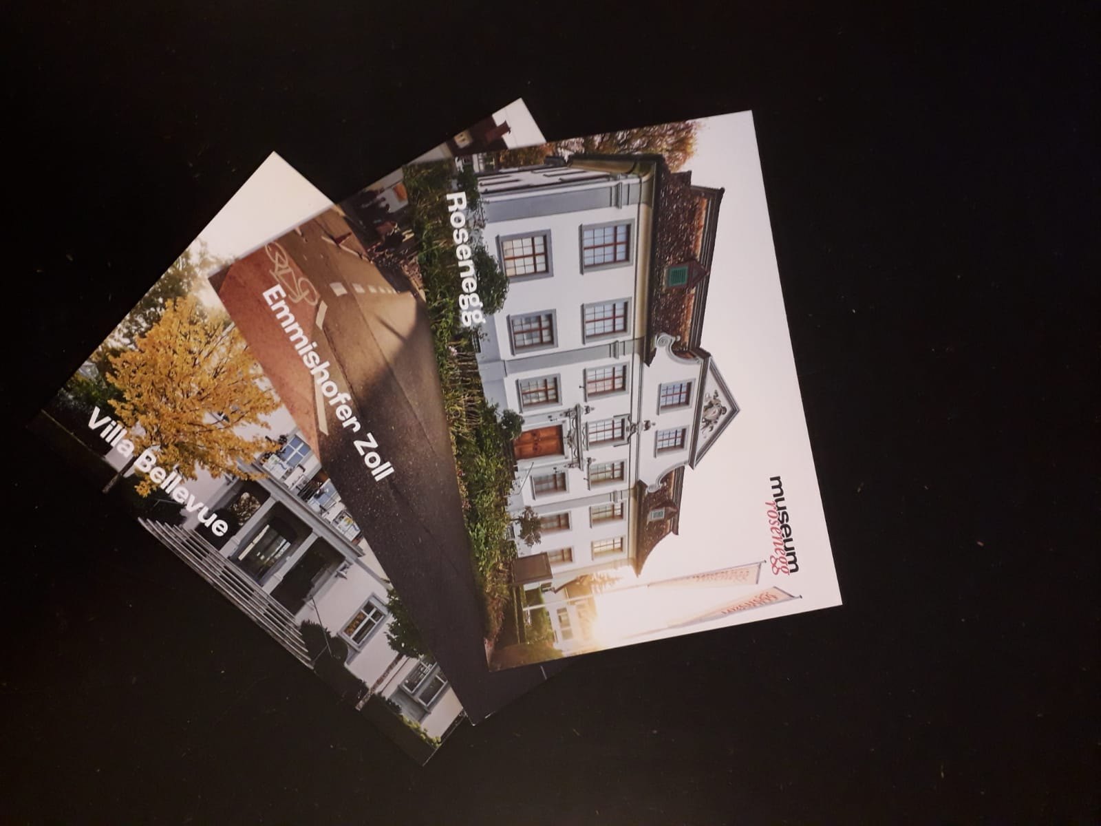 Zwei Karten des Sets nebeneinander: Villa Bellevue und Emmishofer Zoll, jeweils mit Ortsfoto