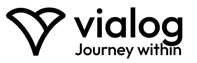 Die Wortmarke Vialog mit Bildmarke, liegend, schwarz auf weiss, mit dem Zusatz Journey within